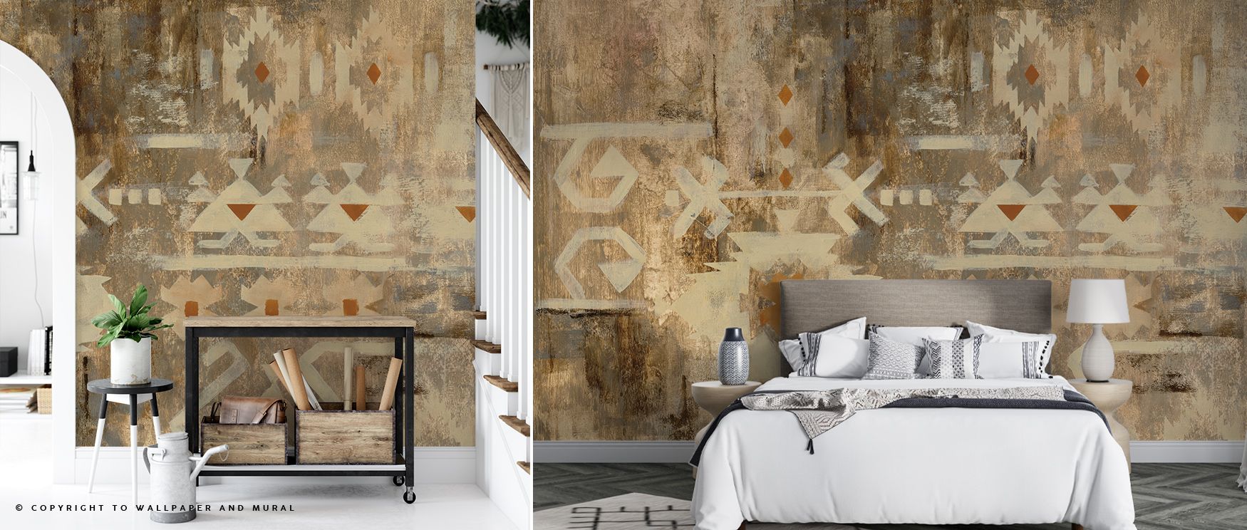 Southwest Design III Wallpaper captures traditional southwestern aesthetics with contemporary style. Rich, earthy hues blend with intricate patterns, producing a visually dynamic and engaging wall feature. Perfect for living rooms. Textured designs guide 