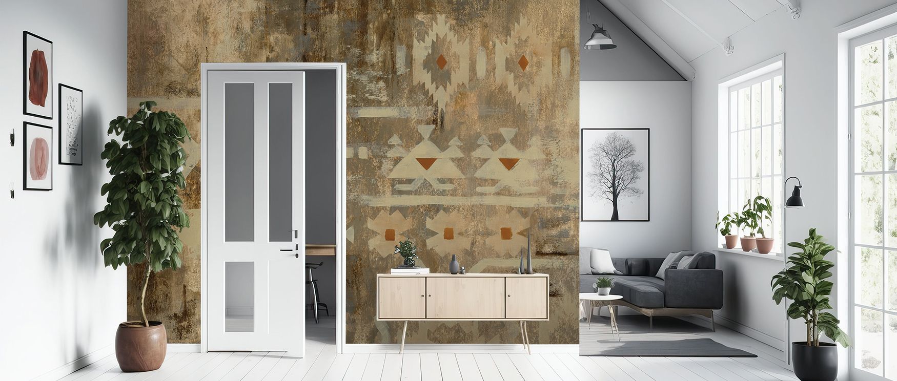 Southwest Design III Wallpaper emphasizes pattern intricacy and warm color harmony. Geometric shapes flow naturally across walls, creating an immersive, vibrant aesthetic. Perfect for living rooms. Textures, layered motifs, and subtle highlights enhance d