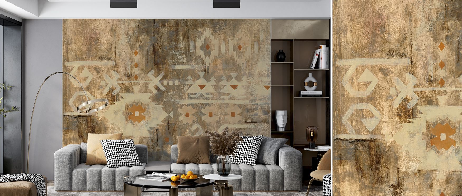 Southwest Design III Wallpaper offers a refined, vibrant southwestern interior aesthetic. Layered geometric patterns, warm tones, and intricate textures create depth and artistic flow. Perfect for living rooms. The design transforms walls into captivating