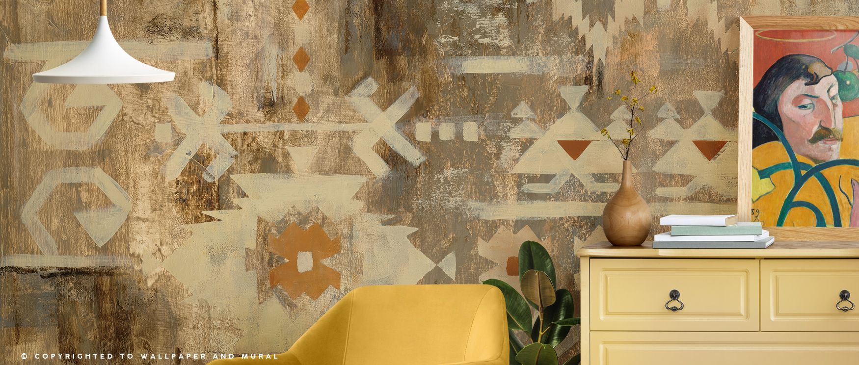 Rich, bold motifs bring Southwest Design III Wallpaper to life, combining cultural inspiration with artistic design. Geometric patterns interplay with earthy hues for immersive sophistication. Perfect for living rooms. Detailed textures create dynamic, el