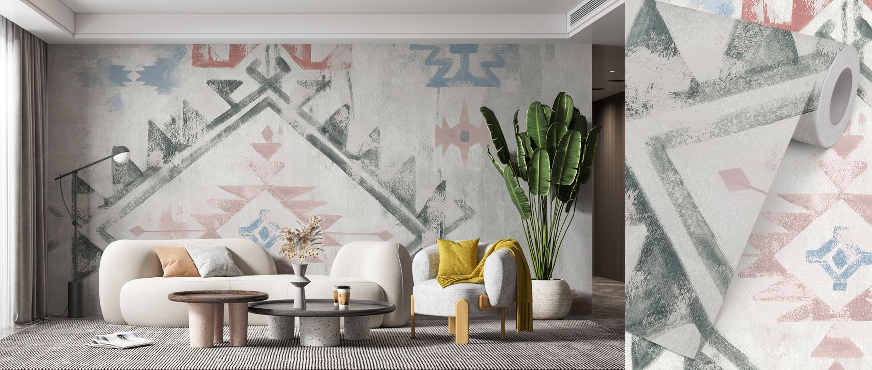 Complex patterns and vibrant hues characterize Southwest Design VI Boho Wallpaper. Layered textures, ornamental shapes, and dynamic color interplay create rhythm and depth across walls. Perfect for living rooms. Artistic elements evoke bohemian elegance a
