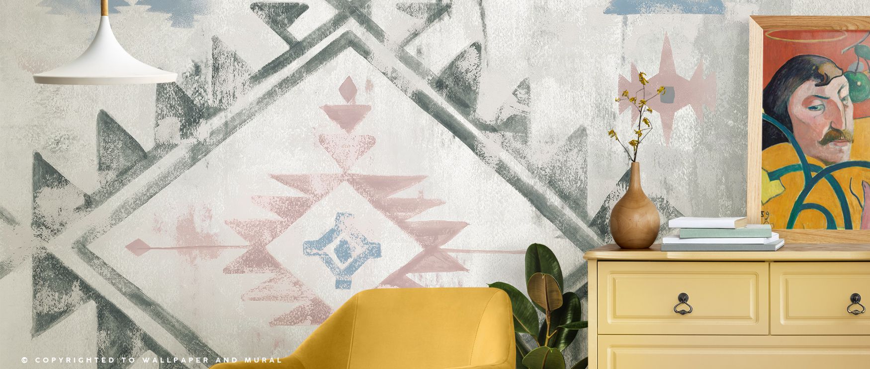 Southwest Design VI Boho Wallpaper blends geometric motifs with colorful patterns and textured layers, creating immersive visual rhythm. Subtle highlights accentuate depth and detail, producing dynamic, artistic walls. Perfect for living rooms. Bohemian e