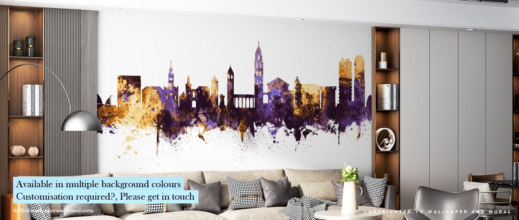 Split Croatia Skyline Purple & Gold Wallpaper immerses walls in vibrant cityscape drama. Golden accents shimmer across soft purple skies while silhouettes of classical buildings create fluid movement. Perfect for living rooms. Ambient light effects and re
