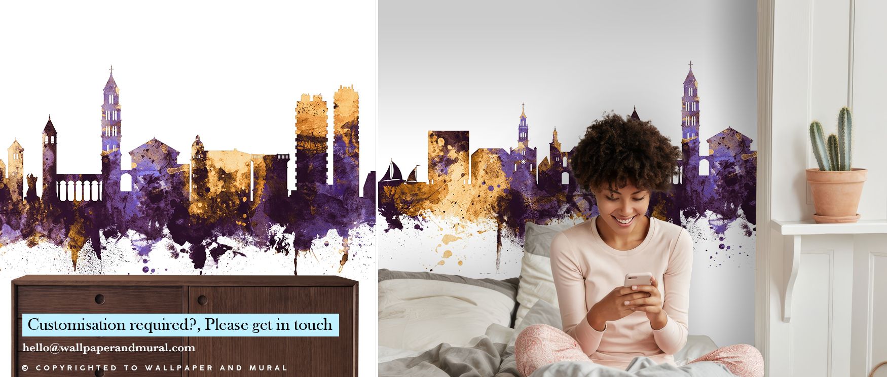 Architectural elegance flows through Split Croatia Skyline Purple & Gold Wallpaper, blending historic rooftops with luminous color gradients. Golden highlights and violet shadows accentuate depth and visual interest. Perfect for living rooms. Urban sophis