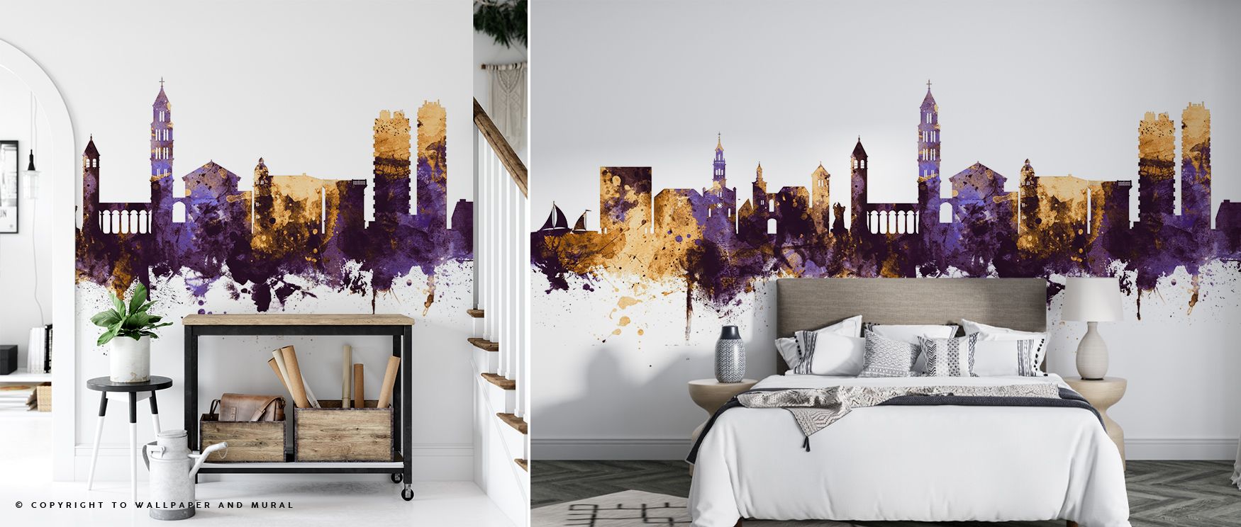 Immerse in Split Croatia Skyline Purple & Gold Wallpaper, where iconic city rooftops and promenades appear radiant under soft purple skies. Subtle golden reflections provide warmth and elegance. Perfect for living rooms. Textured layers and color gradient