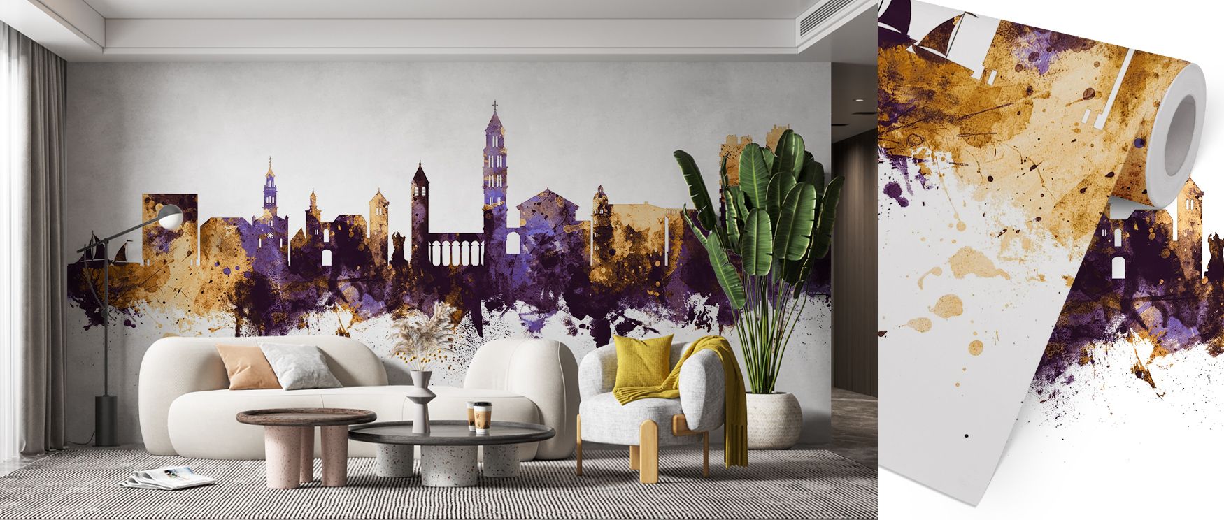 Walls gain visual poetry with Split Croatia Skyline Purple & Gold Wallpaper. Golden light mingles with violet tones, illuminating spires and promenades with refined elegance. Perfect for living rooms. Depth and texture offer immersive cityscape ambiance. 