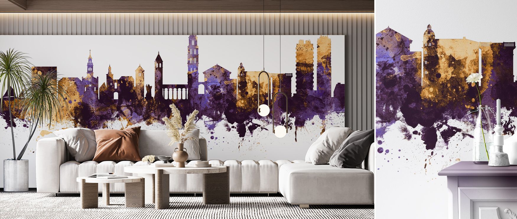 Split Croatia Skyline Purple & Gold Wallpaper creates luminous, tranquil interiors, blending golden accents with soft purple tones. Historic rooftops and towers appear vivid yet serene. Perfect for living rooms. Subtle light reflections and layered textur