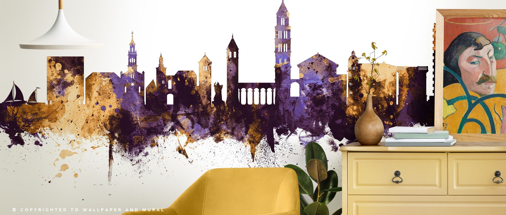 Experience artistic depth in Split Croatia Skyline Purple & Gold Wallpaper, where purple skies meet golden highlights across intricate architecture. Silhouettes of spires, towers, and promenades draw eyes fluidly. Perfect for living rooms. Elegant tones a