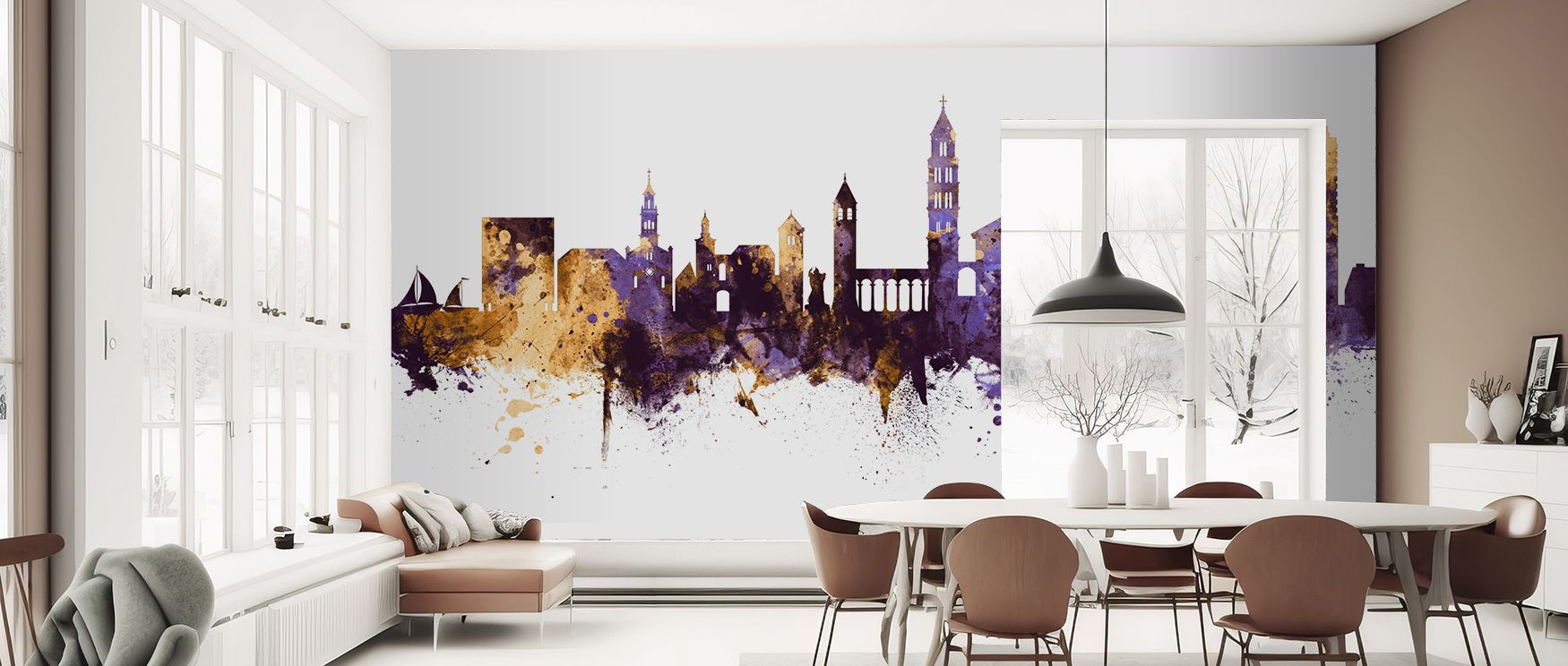Split Croatia Skyline Purple & Gold Wallpaper brings vibrant, serene urban elegance to walls. Golden highlights and soft purple shadows emphasize architectural beauty and depth. Perfect for living rooms. Layered textures and refined color palettes create 