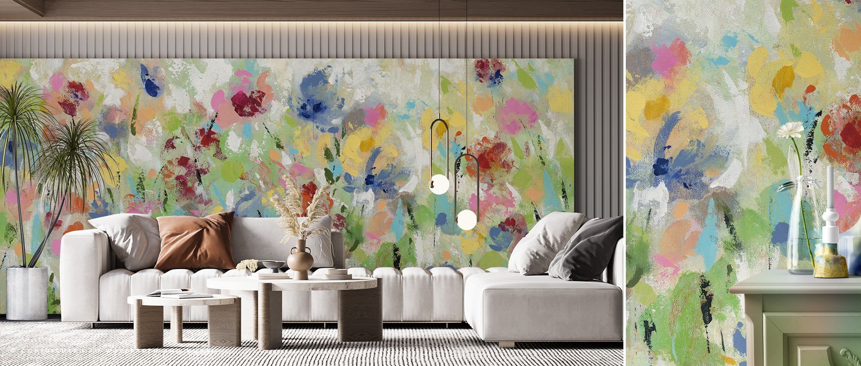 Springtime Meadow Flowers Wallpaper transforms interiors into blooming sanctuaries filled with gentle hues and layered texture. Graceful lines and soft gradients create visual poetry. Perfect for living rooms. Artistic arrangement of florals produces dept