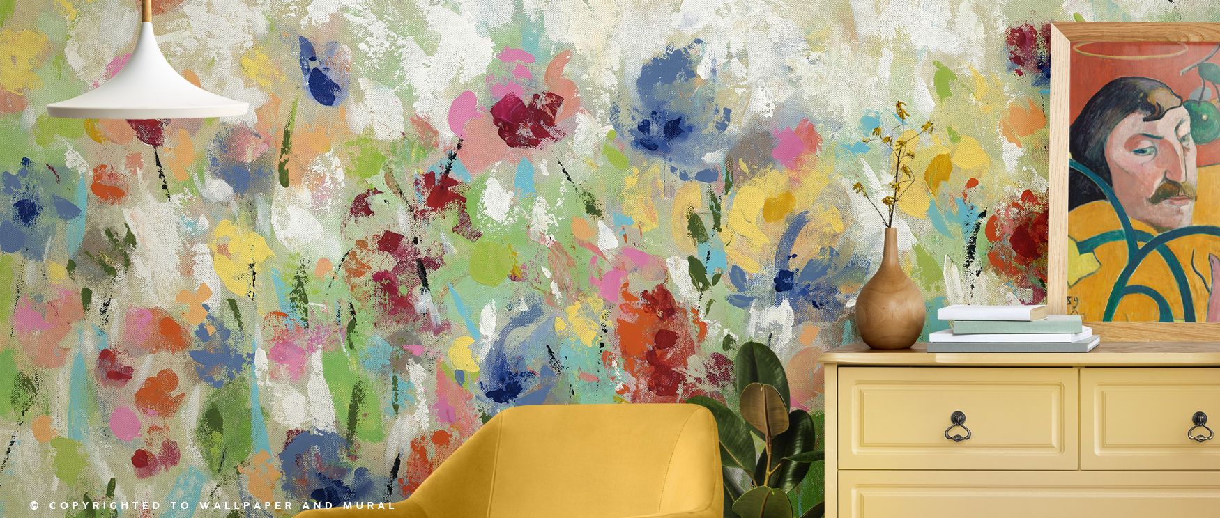 Pastel blossoms float across Springtime Meadow Flowers Wallpaper, blending softly into mint-green meadows and creamy skies. Delicate contrasts highlight fluid shapes and fine detail. Perfect for living rooms. Ambient tones convey freshness, balancing sere