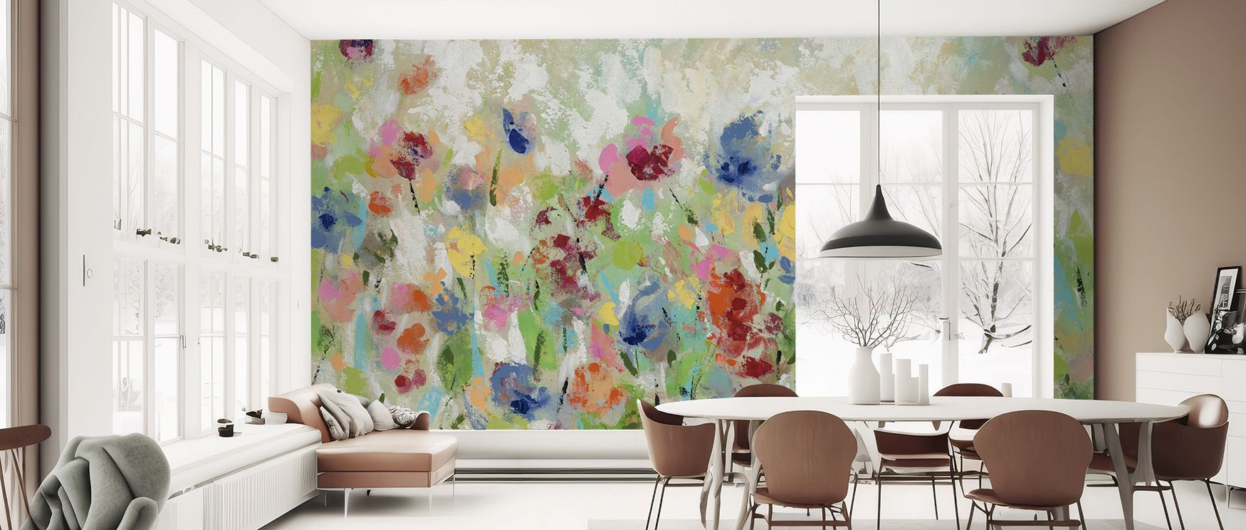 Springtime Meadow Flowers Wallpaper brings harmony between color and light, scattering blossoms through airy fields. Hints of sunlight glint over petals, emphasizing organic rhythm. Perfect for living rooms. Artistic flow and tonal warmth nurture upliftin