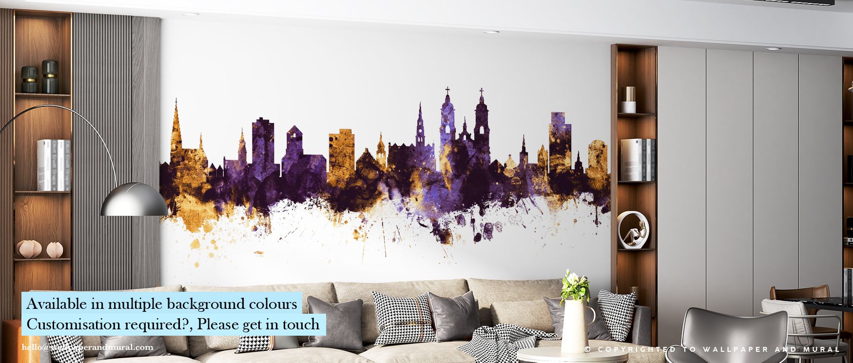 Violet horizons meet gold-lit rooftops in St Gallen Switzerland Skyline Purple & Gold Wallpaper. Each outline reveals balance between light and shadow, producing tranquil sophistication. Perfect for living rooms. Texture and reflection mingle to create im
