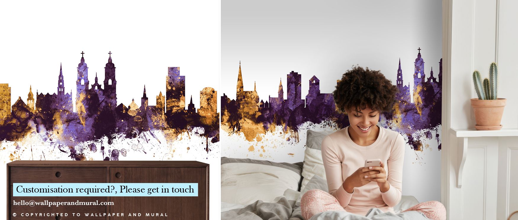 St Gallen Switzerland Skyline Purple & Gold Wallpaper radiates warmth through glowing metallic hues and layered gradients. Architectural silhouettes flow smoothly across walls, imparting rhythm and compositional elegance. Perfect for living rooms. Subtle 