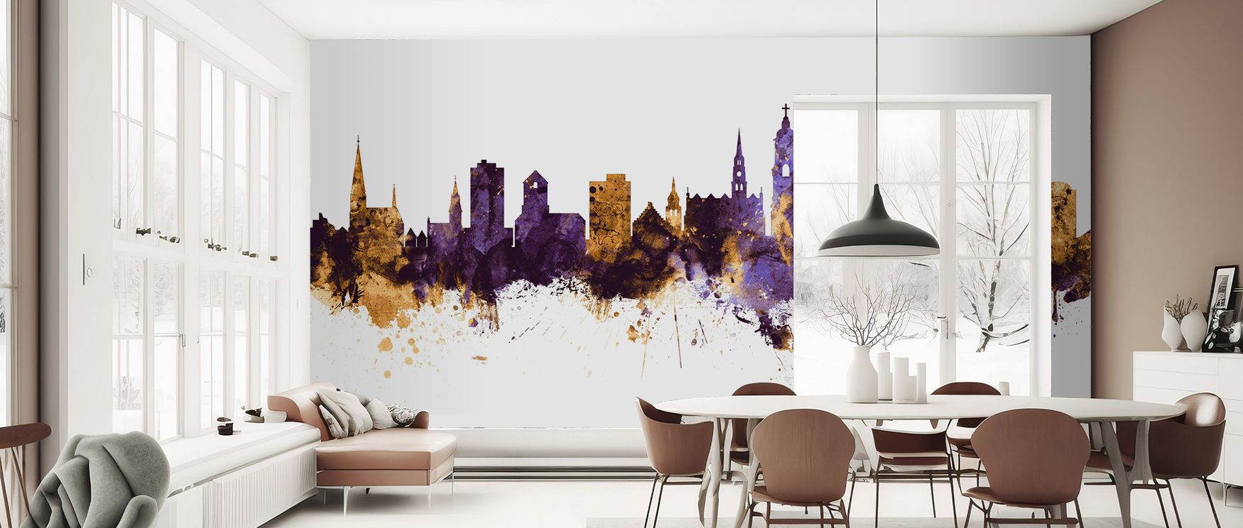 St Gallen Switzerland Skyline Purple & Gold Wallpaper blends city structure with serene illumination. Violet depths and golden sheen generate timeless appeal. Perfect for living rooms. Textural refinement and soft color gradients provide luminous modern c