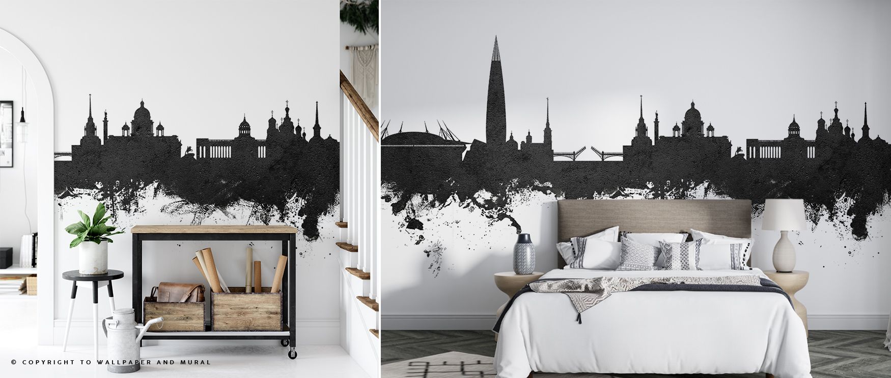 Artistic refinement radiates from St Petersburg Russia Skyline Black & White Wallpaper. Charcoal contours and silver glows render city architecture with precision and grace. Perfect for living rooms. Interplay of tone adds depth, enhancing atmosphere of c