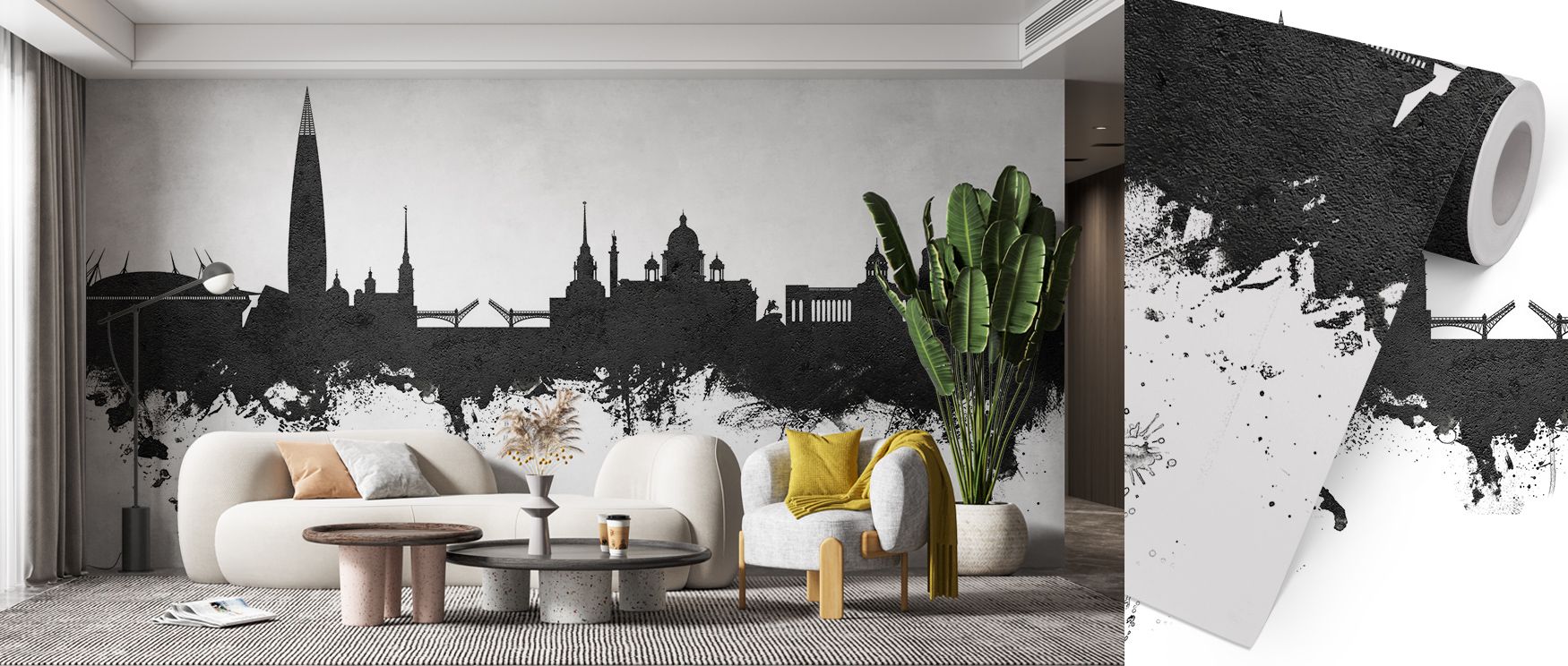 Monochrome serenity defines St Petersburg Russia Skyline Black & White Wallpaper, where bridges and domes stand in radiant balance. Soft gradients create movement and peaceful stillness. Perfect for living rooms. Each structure glows with quiet sophistica