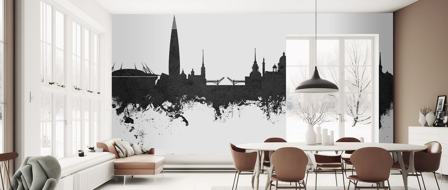 St Petersburg Russia Skyline Black & White Wallpaper portrays graceful architecture beneath silvered skies. Balanced tones and gentle shadows emphasize craftsmanship and scale. Perfect for living rooms. Composition harmonizes contrast and serenity for end