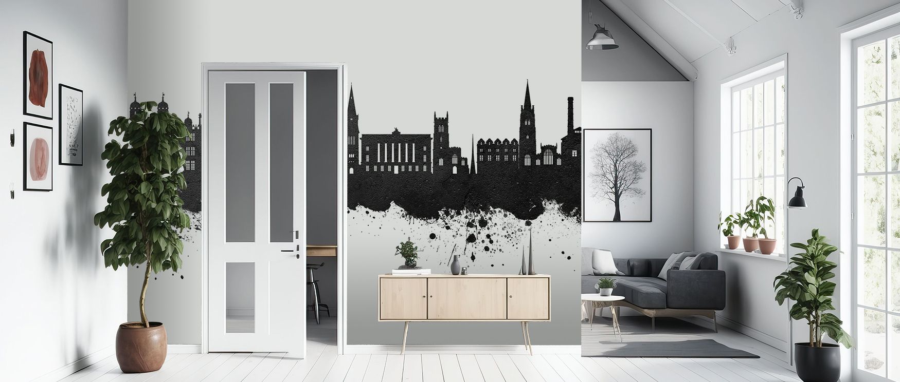 Stamford England Skyline Black & White Wallpaper frames urban silhouettes in classical proportion. Subtle gradients form shadow interplay that enhances architectural definition. Perfect for living rooms. Light and tone merge into seamless, contemplative b