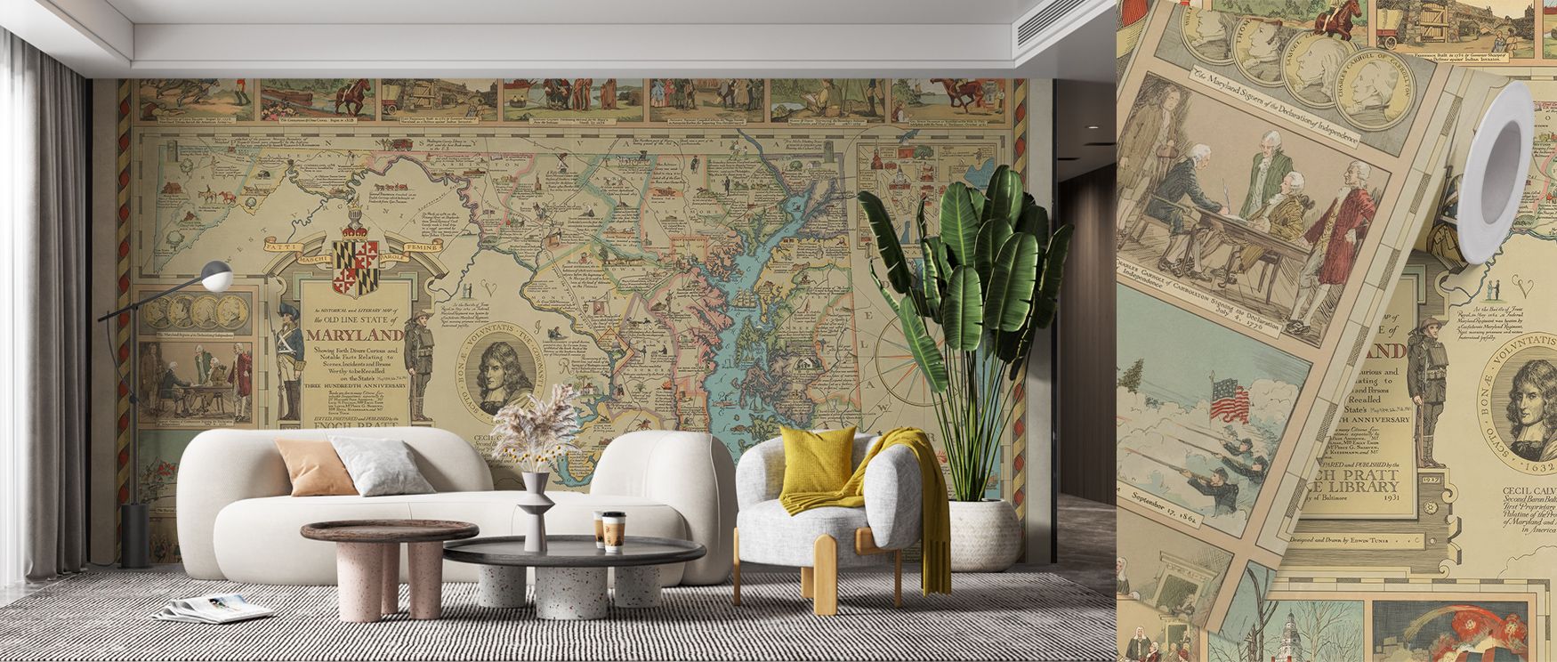 State of Maryland Wallpaper transforms interior walls into artistic maps of emotion and identity. Gentle curves and linear precision highlight craftsmanship and flow. Perfect for living rooms. Tonal symmetry and soft detailing create immersive balance and