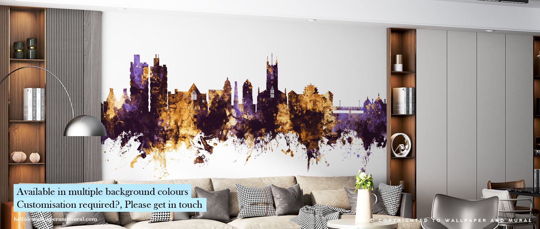 Golden reflections ripple across Stoke-on-Trent Skyline Purple & Gold Wallpaper, uniting texture and tone in harmony. The skyline’s graceful detail enhances contemporary elegance while evoking the poetic grandeur of city light. 