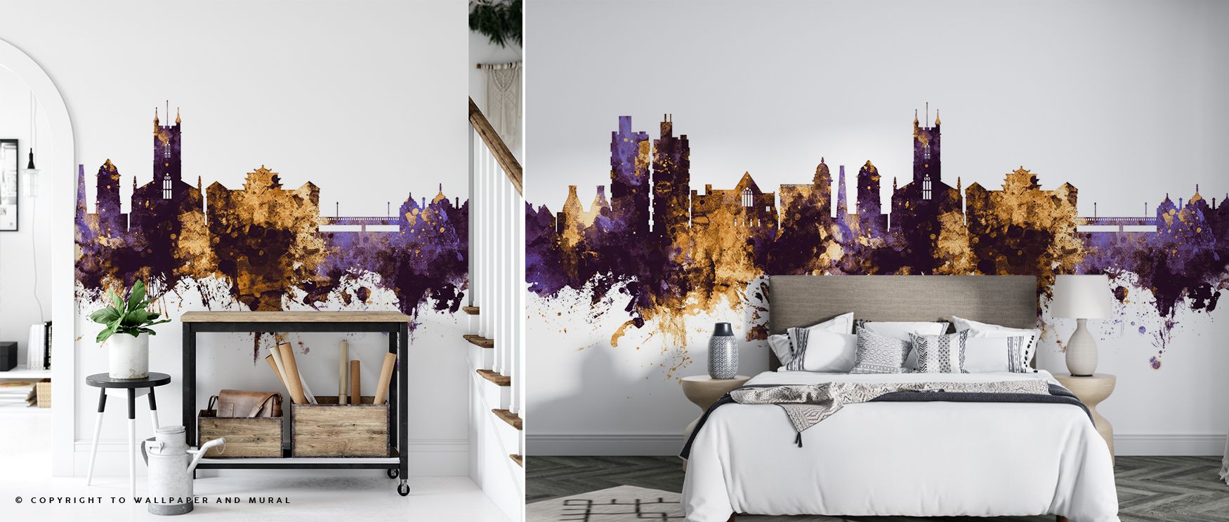 Architectural splendor glows within Stoke-on-Trent Skyline Purple & Gold Wallpaper, its regal palette expressing harmony and refinement. The design captures stillness and richness through carefully composed color and light. 