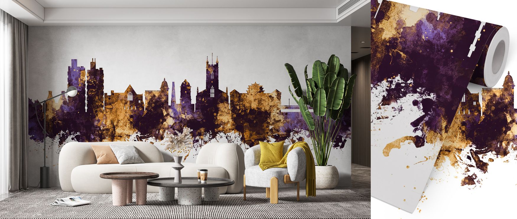 Majestic restraint defines Stoke-on-Trent Skyline Purple & Gold Wallpaper, merging urban structure and elegance. The warm interplay of tones transforms walls into serene testaments of artistry and composure. 