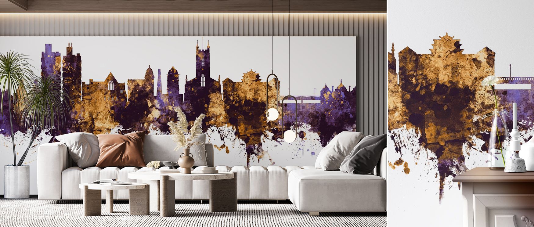 Golden hues shimmer softly across Stoke-on-Trent Skyline Purple & Gold Wallpaper, outlining structures with radiant precision. The result is a masterpiece of design depth, visual grace, and dignified urban poise. 