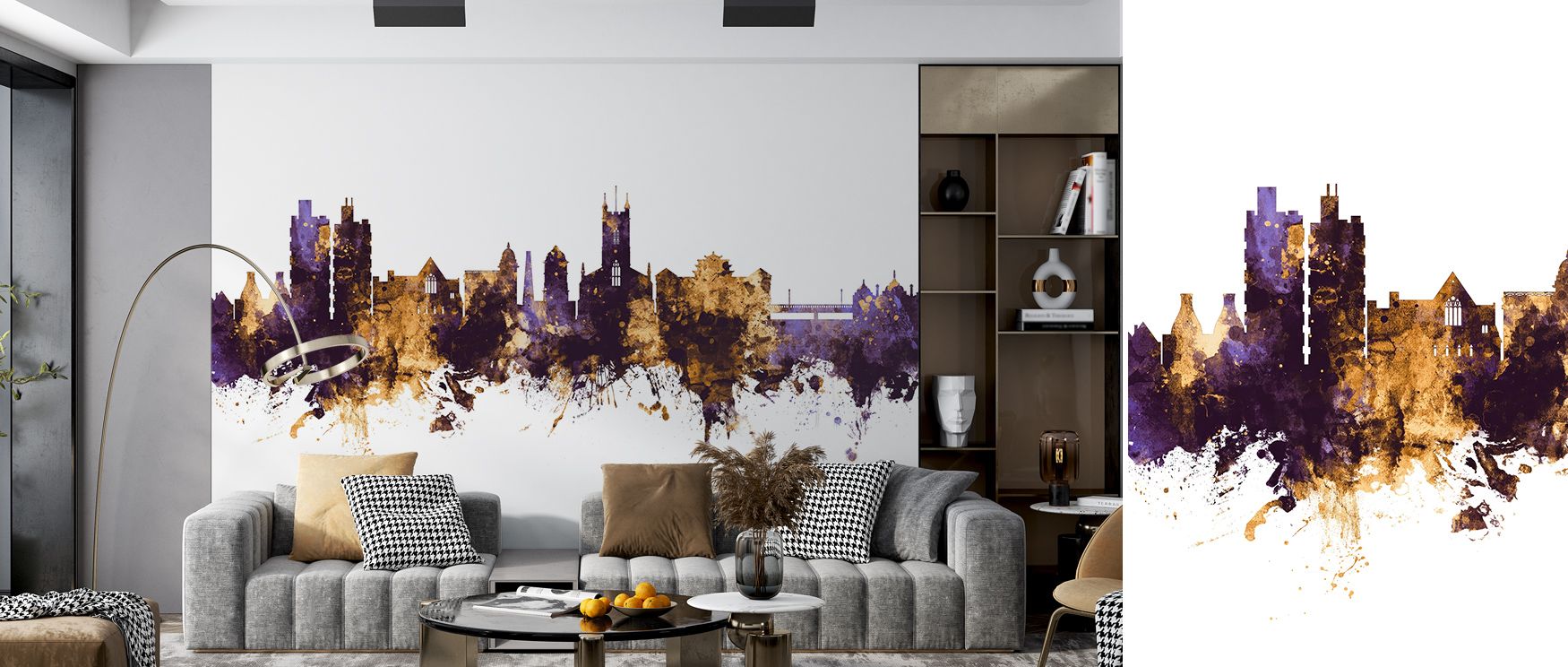 Elegant tone and line define Stoke-on-Trent Skyline Purple & Gold Wallpaper, balancing richness and clarity. The skyline glows with tranquil majesty, bringing cultured sophistication to interior design. 