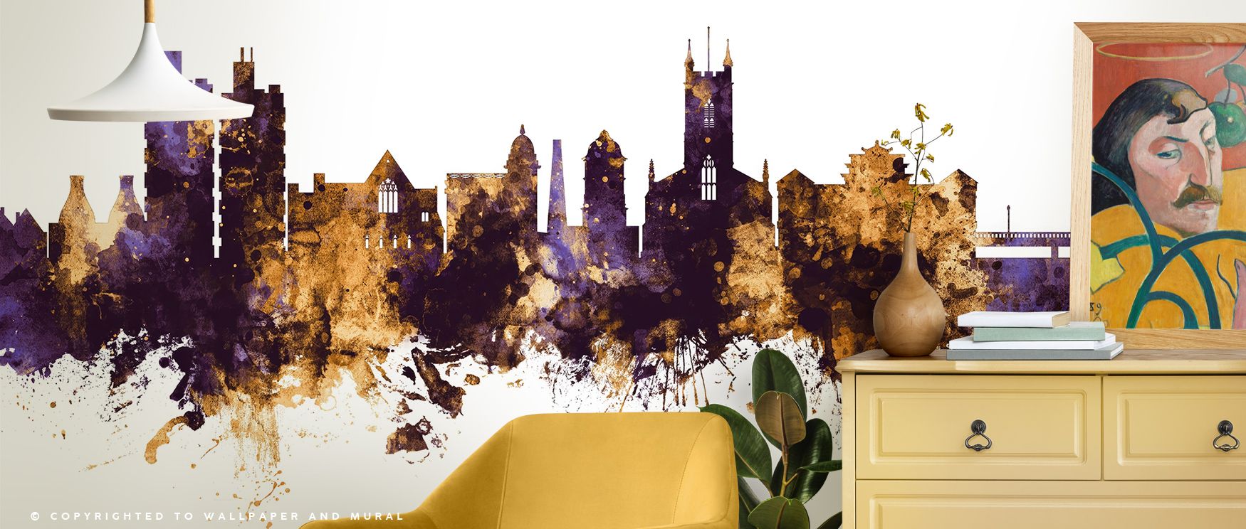 City grandeur emanates from Stoke-on-Trent Skyline Purple & Gold Wallpaper, uniting artistic strength with modern refinement. Its light and shade transitions create depth, mood, and calm splendor. 