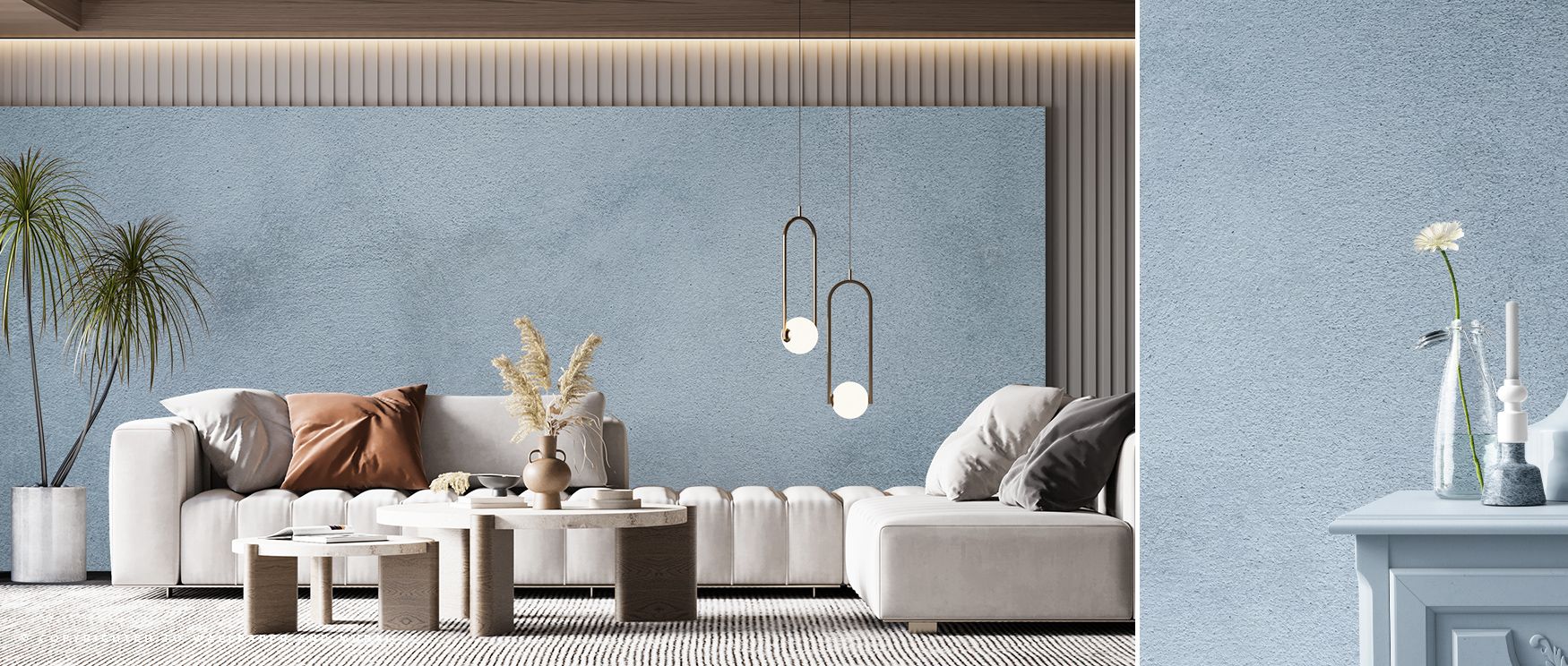 Light refracts through Stucco, Ice Blue Wallpaper’s cool palette, emphasizing tone and flow. Its serene surface texture conveys refinement and balance, adding modern depth to calm, airy spaces. 