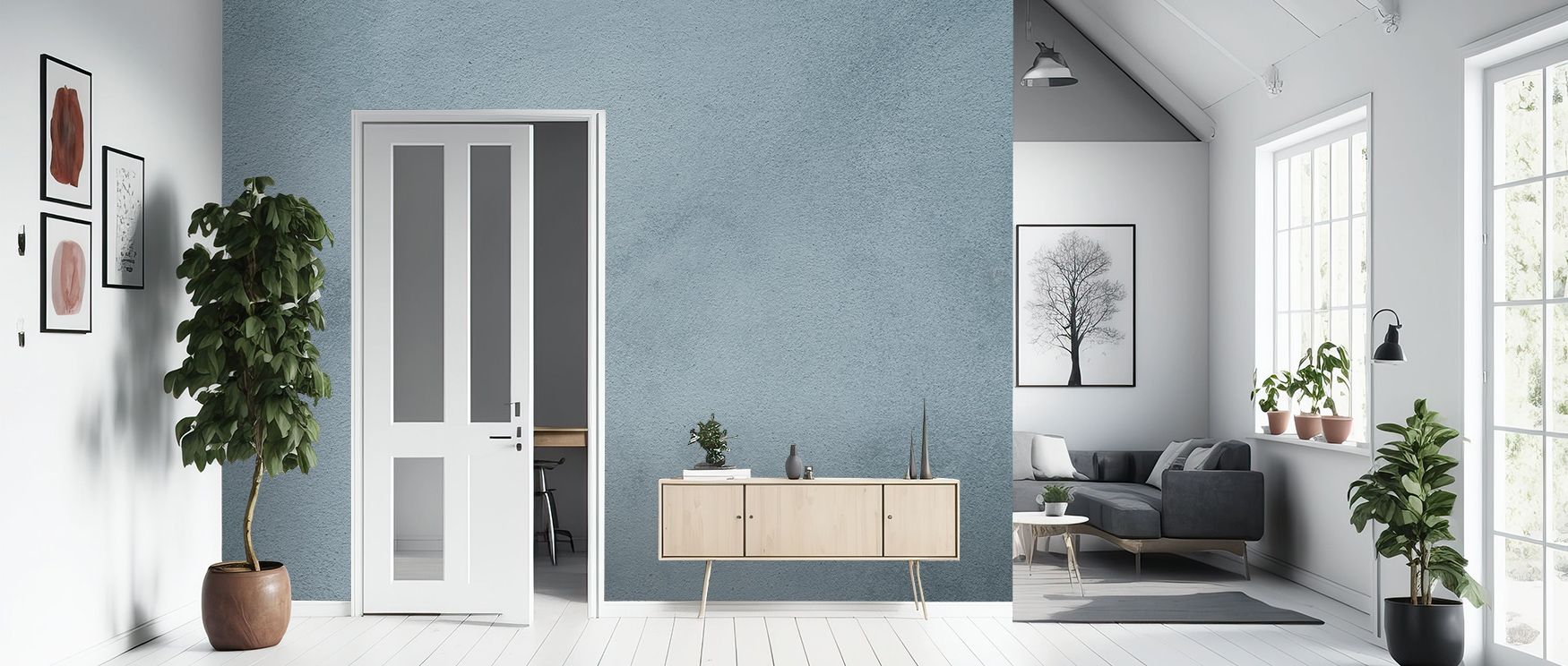 Stucco, Ice Blue Wallpaper embodies harmony through material-inspired artistry. Its tones mirror the elegance of light on stucco, filling interiors with quiet sophistication and emotional stillness. 