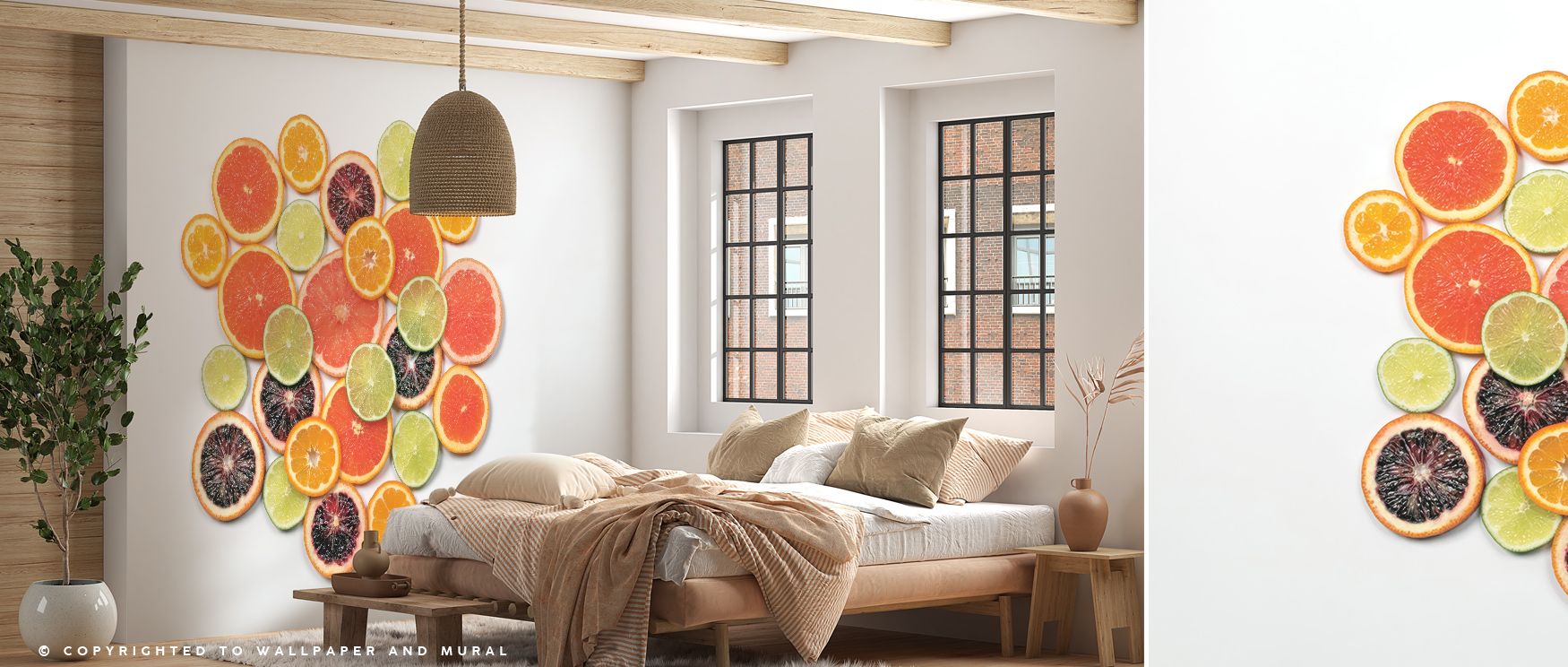Vibrant tones of yellow and tangerine flow across Sunny Citrus III Wallpaper, reflecting playful elegance. Each fruit glistens softly, capturing natural brightness that enlivens rooms with energy and color balance. 