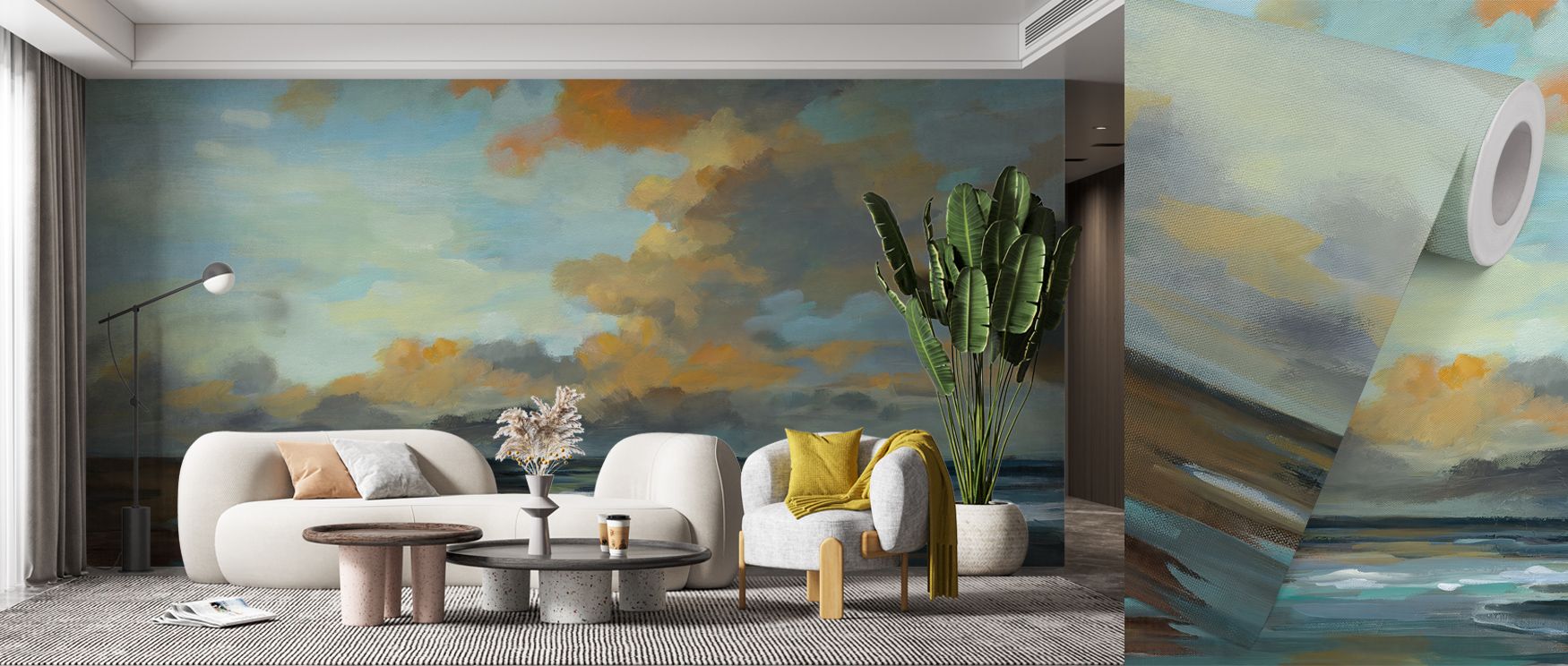 Sunlight shimmers softly through Sunset Oceanside Wallpaper, painting water and sky with tonal delicacy. Its reflective hues and graceful rhythm infuse interiors with timeless elegance and natural poise. 
