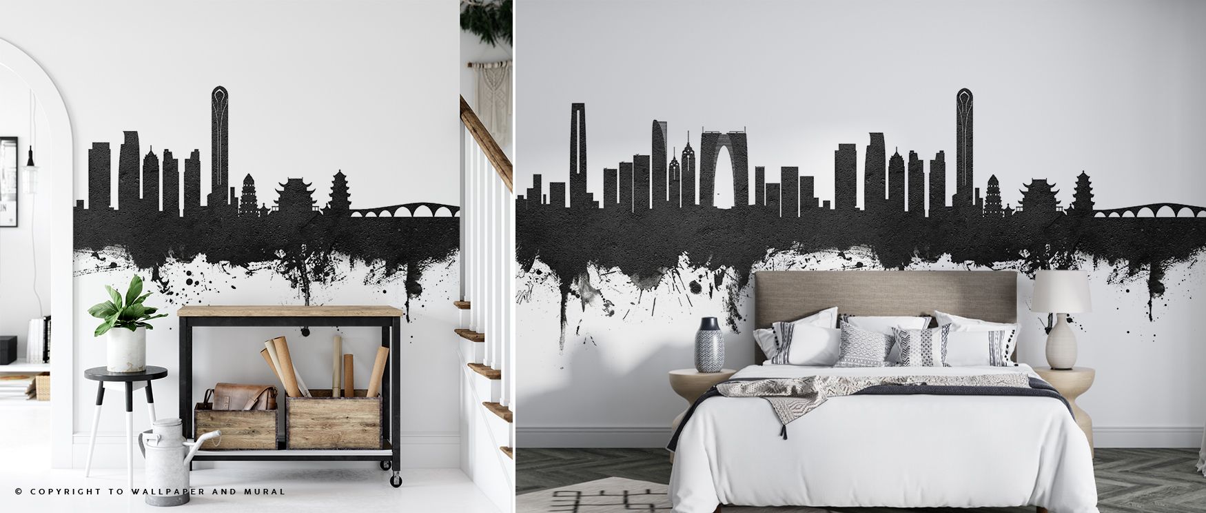 The monochrome skyline of Suzhou glows softly through Suzhou China Skyline Black & White Wallpaper. Each shadow breathes life into form, enhancing interiors with elegant texture and serene proportion. 