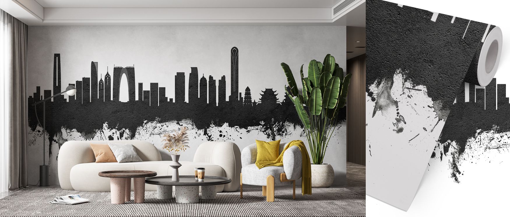 Tonal grace flows through Suzhou China Skyline Black & White Wallpaper as buildings merge with sky in balanced composition. The result is a visual harmony that embodies poise and architectural confidence in refined settings. 