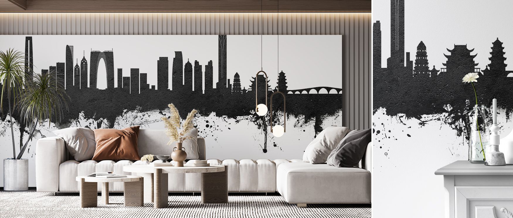 Soft gradients move through Suzhou China Skyline Black & White Wallpaper, shaping an urban panorama that feels both modern and meditative. Its timeless design invites contemplation and quiet sophistication. 