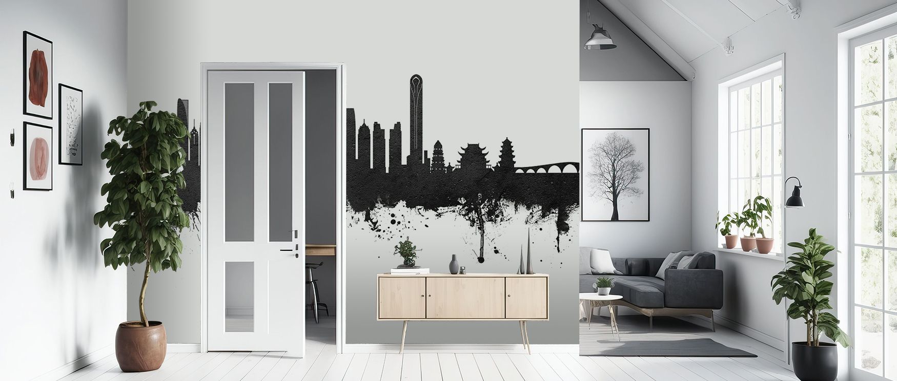 Shadows and light intertwine across Suzhou China Skyline Black & White Wallpaper, forming depth and detail with subtle artistry. Each silhouette adds dimension and visual rhythm to modern interiors. 