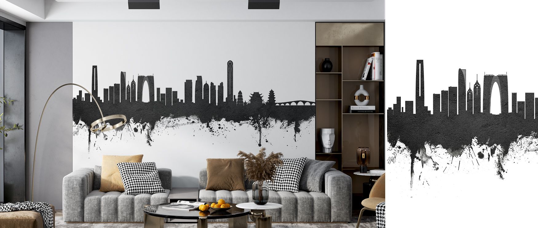 Pure architectural artistry defines Suzhou China Skyline Black & White Wallpaper, transforming modern walls into landscapes of monochrome grace and timeless metropolitan calm.