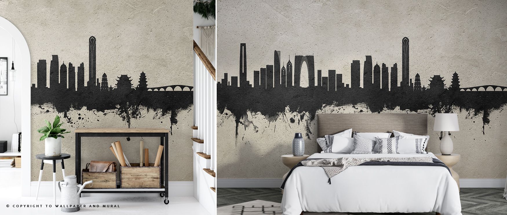 Refined shadow work glides across Suzhou China Skyline Concrete Wallpaper, revealing harmony through tonal balance. Its subdued colors and strong lines bring modern refinement and sophistication to contemporary interiors. 