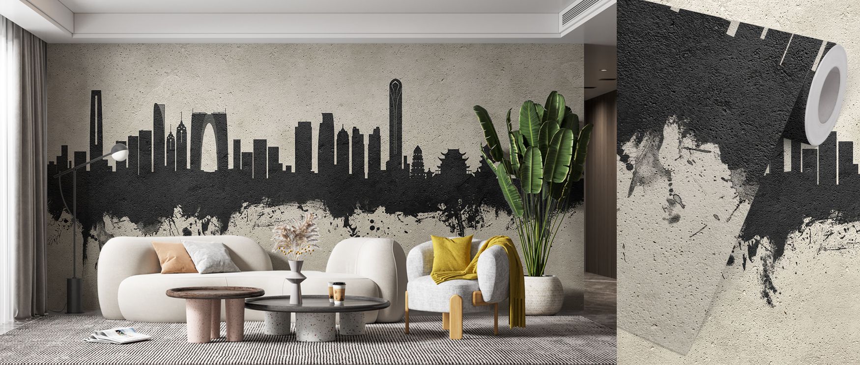 Subtle concrete tones define Suzhou China Skyline Concrete Wallpaper as light moves delicately across each building. The design evokes both simplicity and strength, surrounding interiors with tranquility and structural grace. 