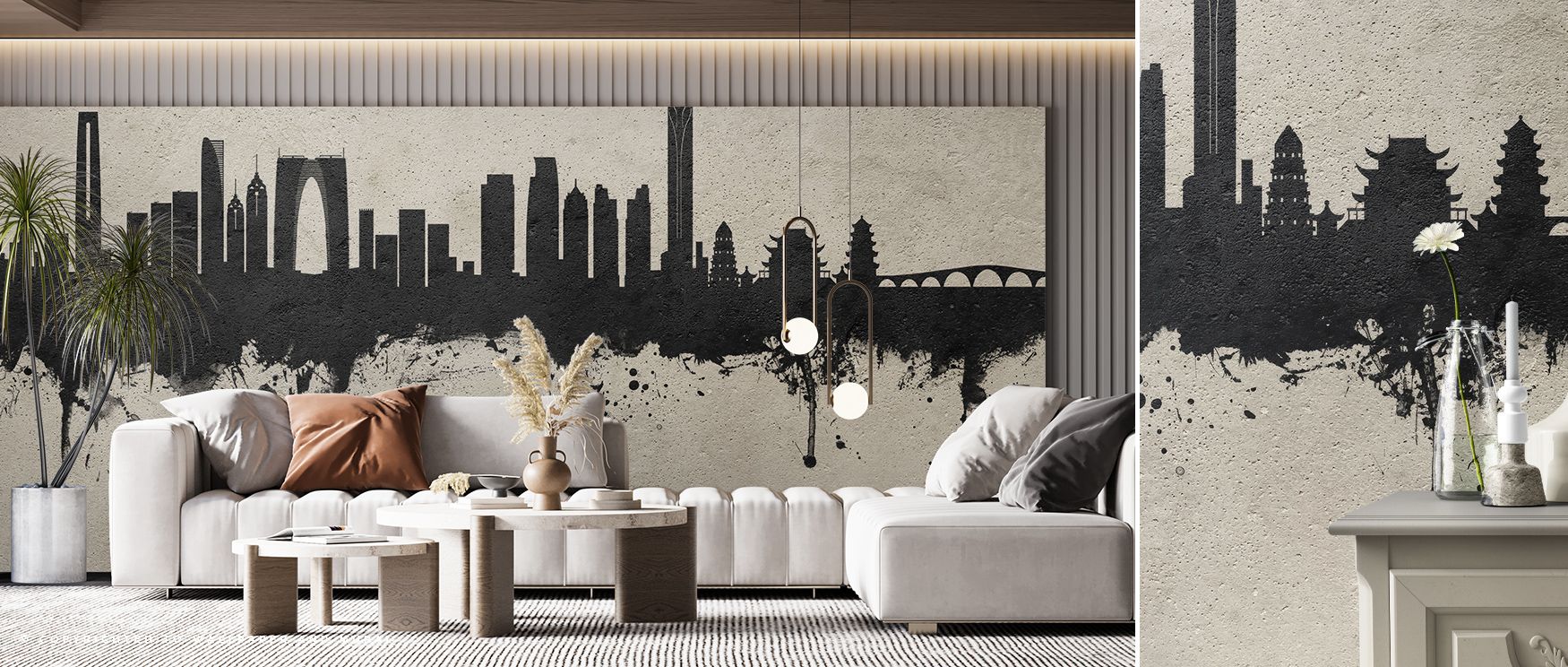 Geometry and elegance converge in Suzhou China Skyline Concrete Wallpaper, where every silhouette holds balance and flow. The monochromatic texture enhances interiors with serenity and modern sophistication. 