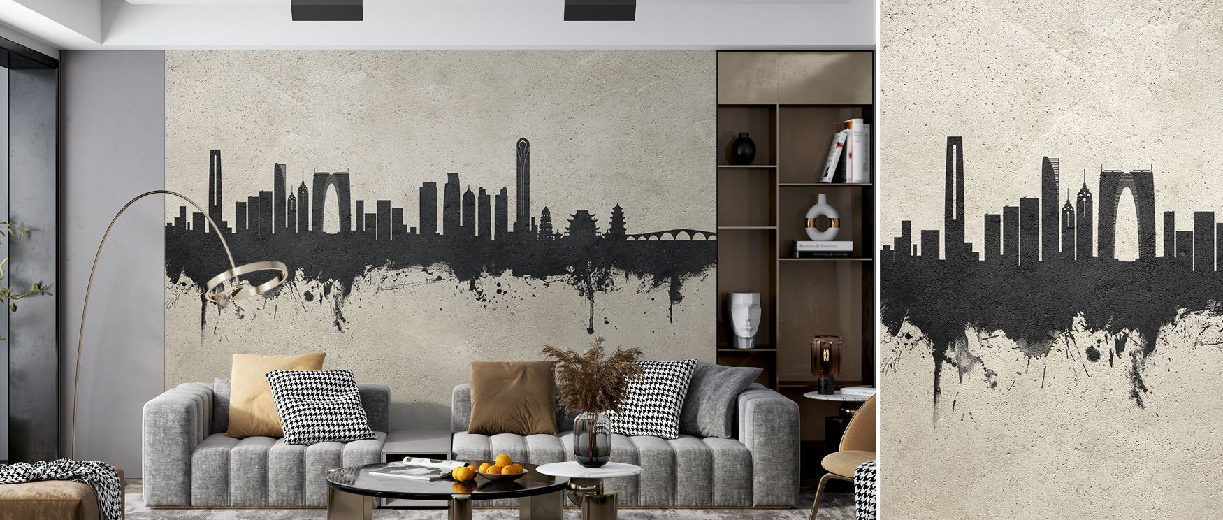 Suzhou China Skyline Concrete Wallpaper embodies minimalist artistry and architectural rhythm. The layered grays and subtle lines reflect urban clarity and refined balance, enriching interiors with understated beauty.