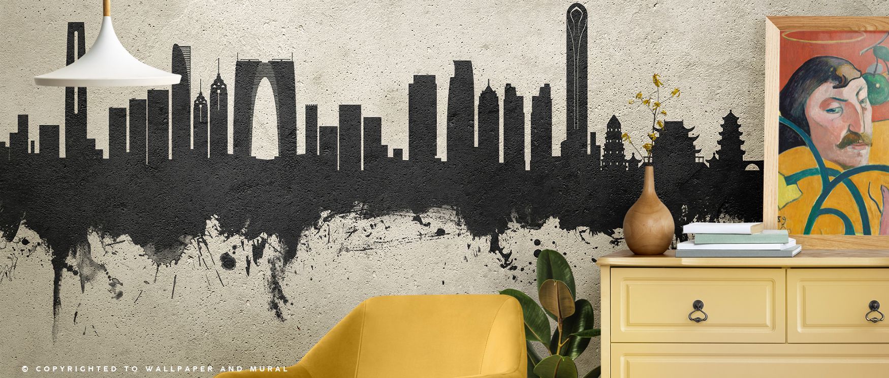 The interplay of shadow and texture animates Suzhou China Skyline Concrete Wallpaper, giving the skyline dimension and quiet power. Its calm precision adds timeless depth to living or office spaces. 