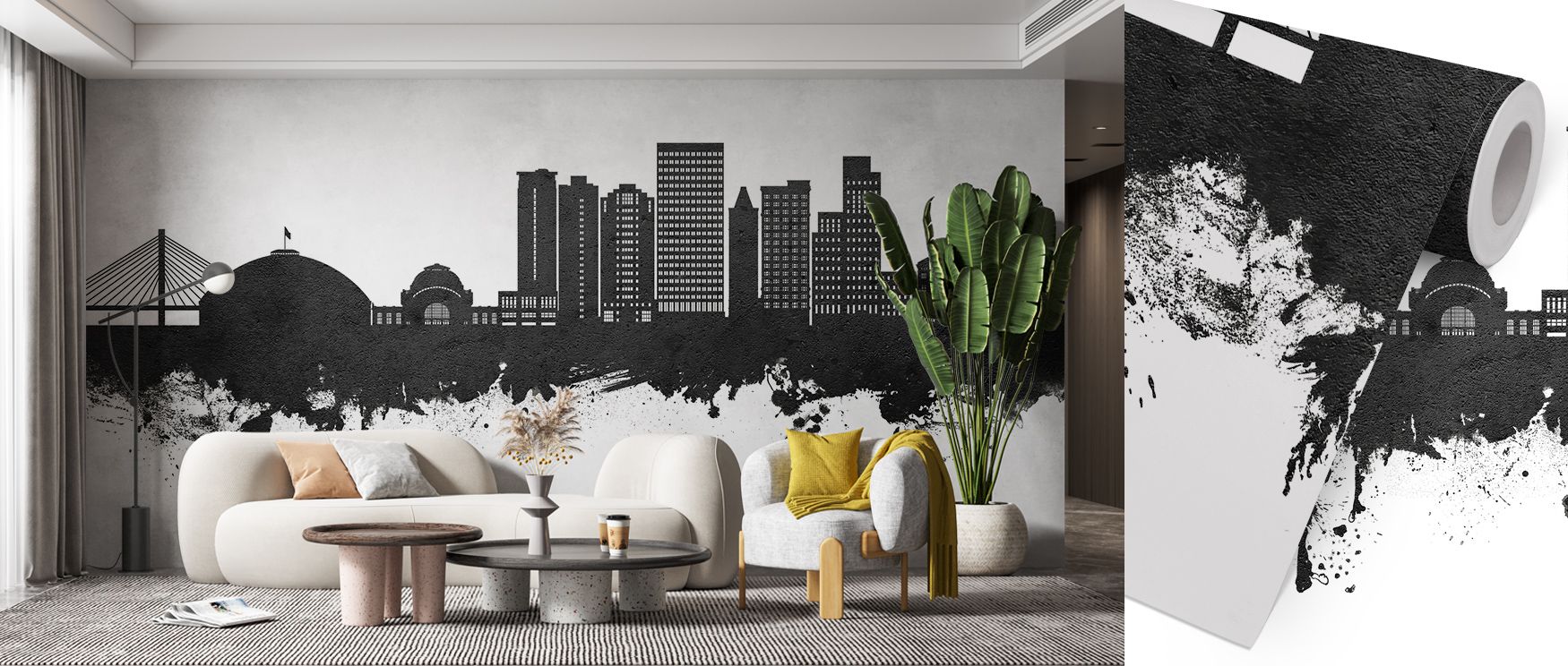 Soft tonal transitions define Tacoma Washington Skyline Black & White Wallpaper, allowing the skyline to breathe and glow subtly. The design balances boldness and serenity, enhancing interiors with understated architectural artistry. 