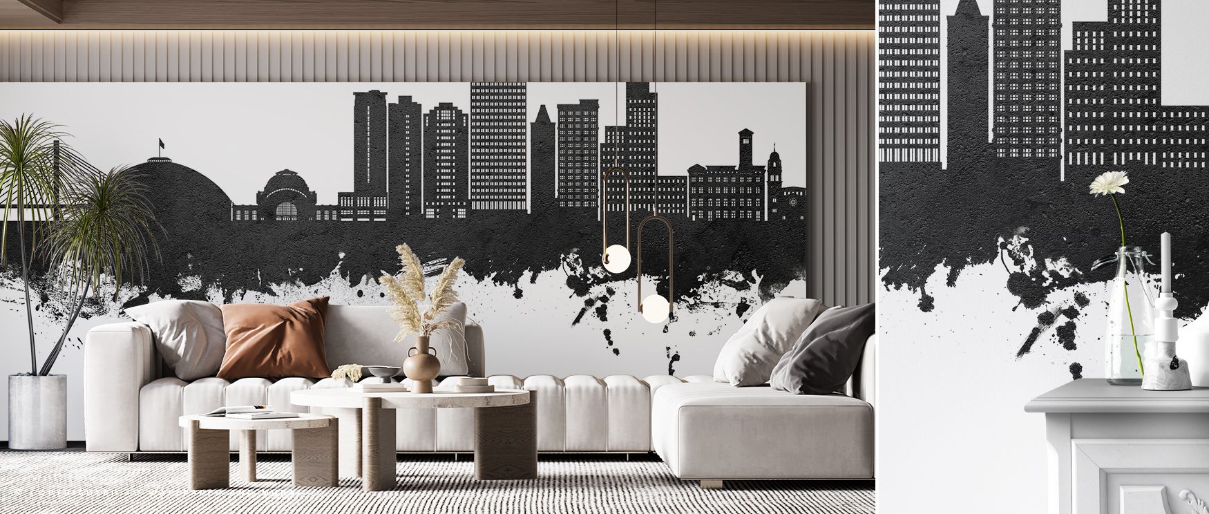 Tacoma Washington Skyline Black & White Wallpaper captures metropolitan spirit with calm restraint. The monochrome design emphasizes line, proportion, and architectural presence, offering a timeless and sophisticated visual anchor for interiors. 