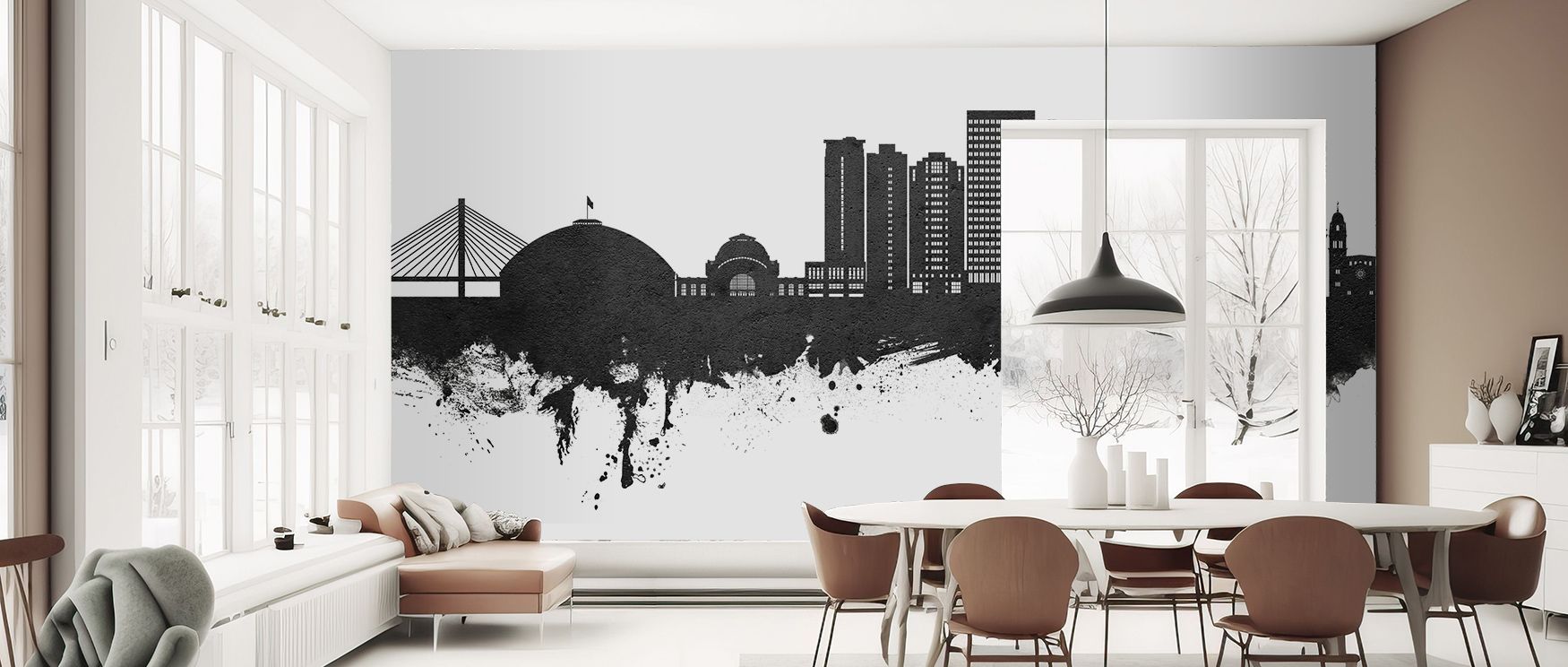 The interplay of light and shadow in Tacoma Washington Skyline Black & White Wallpaper accentuates architectural rhythm. Its monochrome palette lends interiors a visual calmness combined with urban elegance and strength. 