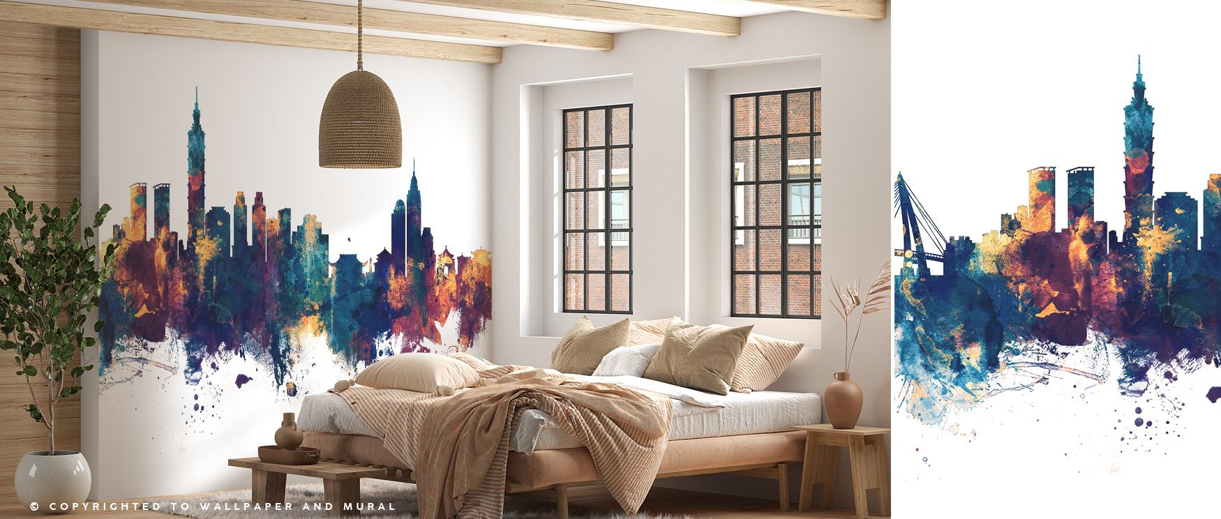 Luminous gradients and soft reflections enhance Taipei Taiwan Skyline Blue & Bronze Wallpaper, creating depth and visual movement across walls. Its colors balance warmth and serenity, adding urban elegance and artistic presence to interiors of style and r