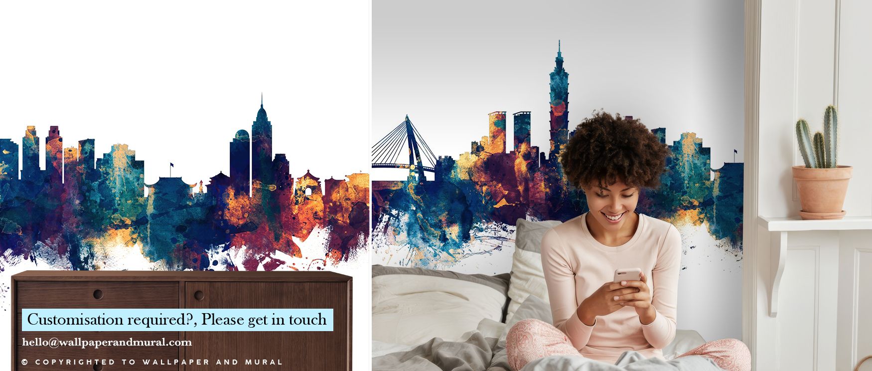 Taipei Taiwan Skyline Blue & Bronze Wallpaper glows gently in ambient light, emphasizing architectural clarity and spatial depth. The interplay of hues and reflections adds a sense of elegance, pride, and urban tranquility throughout living and work space
