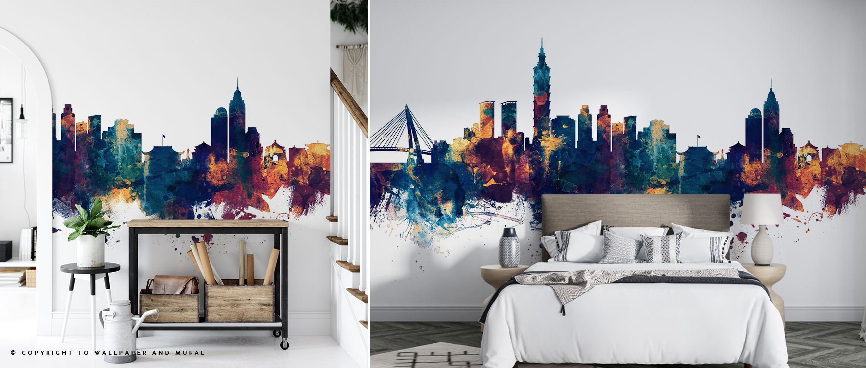 Each line of Taipei Taiwan Skyline Blue & Bronze Wallpaper reveals precision and harmony. The buildings’ silhouettes and luminous highlights create visual rhythm, enhancing interiors with calm urban sophistication and refined modern design. 